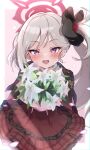  1girl black_scrunchie blue_archive blurry blurry_background blush border bouquet commentary dot_nose flower frills grey_hair hair_flower hair_ornament hair_scrunchie halo highres holding holding_bouquet long_hair looking_at_viewer mutsuki_(blue_archive) open_mouth outside_border petals pointy_ears purple_eyes red_flower red_halo red_skirt scrunchie side_ponytail skirt solo white_border white_flower xeneca 