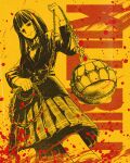  1girl ball_and_chain_(weapon) blood blood_splatter blunt_bangs bow closed_mouth collared_shirt copyright_name highres jacket keeeey kill_bill long_hair monochrome plaid plaid_skirt pleated_skirt school_uniform shirt skirt smile socks solo yuubari_gogo 