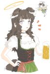  1girl alternate_costume animal_ears bags_under_eyes beer_mug black_choker black_hair blue_archive breasts chibi chibi_inset choker collarbone cropped_torso cross-laced_clothes cross-laced_dress cup dirndl dog_ears foam german_clothes hand_on_own_hip hariyaa hibiki_(blue_archive) highres holding holding_cup jitome long_hair looking_at_viewer mug open_mouth purple_eyes short_sleeves small_breasts underbust 