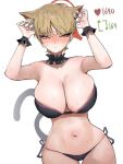  1girl alternate_costume animal_ears armpits arms_up bare_shoulders bell bikini black_bikini blonde_hair blue_archive blush breasts cat_ears cat_girl cat_tail choker cleavage closed_mouth collarbone cowboy_shot extra_ears halo huge_breasts k8on kemonomimi_mode like_and_retweet looking_at_viewer marina_(blue_archive) navel short_hair side-tie_bikini_bottom simple_background solo stomach sweat swimsuit tail white_background 