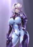  1girl armored_bodysuit blue_bodysuit bodysuit breasts character_request commission covered_navel fortified_suit hand_on_own_thigh hayabusa_aoi highres large_breasts looking_at_viewer mole mole_under_mouth muv-luv muv-luv_alternative purple_bodysuit purple_eyes purple_hair shiny_clothes skeb_commission skin_tight two-tone_bodysuit 