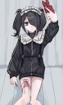  1girl alternate_costume ame-chan_(needy_girl_overdose) arm_up black_hair black_jacket bleeding blood blood_on_leg boxcutter cellphone censored chest_harness closed_mouth collared_jacket commentary_request feet_out_of_frame hair_ornament hair_over_one_eye hairband harness highres holding holding_boxcutter holding_phone jacket lolita_hairband long_hair long_sleeves looking_at_phone mosaic_censoring needy_girl_overdose no_pants phone purple_eyes sanmanako self-harm selfie sitting smartphone solo taking_picture thigh_cutting track_jacket twintails white_hairband x_hair_ornament 