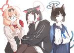  3girls ahoge animal_ears black_choker black_eyes black_hair black_hoodie black_pantyhose black_skirt blue_archive blue_neckerchief blue_sailor_collar blue_skirt bright_pupils brown_hair cat_ears cat_tail center_frills chinatsu_(blue_archive) choker collarbone crossed_legs dark_skin extra_ears frills glasses gloves green_sailor_collar hairband halo hand_on_own_chin hand_up haori hariyaa highres hood hoodie jacket japanese_clothes kazusa_(blue_archive) kikyou_(blue_archive) long_hair long_sleeves looking_at_viewer low_twintails multicolored_hair multiple_girls multiple_tails neckerchief pantyhose pink_hair pleated_skirt pointy_ears red_gloves red_neckerchief red_ribbon ribbon sailor_collar shirt_tucked_in short-sleeved_jacket short_sleeves sitting skirt smile tail twintails two-tone_hair two_tails white_background white_skirt 