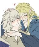  2girls absurdres blonde_hair blue_robe blush closed_eyes commentary dungeon_meshi elf falin_thorden falin_thorden_(tallman) forehead-to-forehead grey_hair hand_on_another&#039;s_head hand_on_another&#039;s_shoulder hashtag_only_commentary heads_together heart highres hug long_hair marcille_donato medium_hair multiple_girls pointy_ears robe simple_background smile ssozei upper_body white_background yuri 