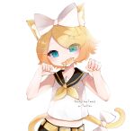  1girl animal_ear_fluff animal_ears aqua_eyes artist_name blonde_hair bow cat_ears cat_girl cat_tail closed_mouth dot_nose fang fish frills hair_bow hair_ornament hairclip highres kagamine_rin light_blush looking_at_viewer ribbon shirt shoulder_tattoo simple_background skellychan solo tail tattoo twitter_username vocaloid white_background white_shirt 
