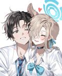  1boy 1girl absurdres animal_ears asuna_(blue_archive) black_choker black_eyes black_hair blue_archive blue_archive_the_animation blue_bow blue_bowtie blue_halo blue_necktie blush bow bowtie breasts choker closed_eyes collared_shirt dog_ears extra_ears hair_over_one_eye halo heart highres large_breasts light_brown_hair long_hair necktie ohw8g open_mouth sensei_(blue_archive) sensei_(blue_archive_the_animation) shirt short_hair signature simple_background smile white_background white_shirt 