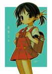  1girl absurdres aqua_background ascot backpack bag black_hair blush buttons child closed_mouth collared_shirt dress hair_bobbles hair_ornament highres kaai_yuki looking_at_viewer menma_(enaic31) orange_bag orange_eyes outline plaid_ascot randoseru red_ascot red_dress shirt short_dress short_hair short_sleeves short_twintails solo twintails vocaloid white_background white_shirt 