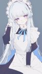 1girl alternate_costume apron black_dress blue_archive blush closed_mouth dress enmaided frilled_apron frills gradient_background grey_hair highres hk_nnm long_hair long_sleeves looking_at_viewer maid maid_apron maid_headdress noa_(blue_archive) purple_eyes smile solo white_apron 