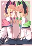  2girls absurdres animal_ear_headphones animal_ears between_legs black_thighhighs blonde_hair blue_archive blue_necktie blush bow commentary_request english_commentary fake_animal_ears from_side green_bow green_eyes green_halo green_hood hair_bow halo hand_between_legs headphones highres jacket long_sleeves looking_to_the_side low-tied_sidelocks midori_(blue_archive) mintshiiii mixed-language_commentary momoi_(blue_archive) multiple_girls necktie open_mouth parted_lips pink_bow pink_eyes pink_hood siblings sitting smile thighhighs twins twitter_username white_jacket 