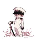  1boy arm_at_side black_hair brown_eyes flower full_body gloves hitoranran jacket katana kotorai looking_at_viewer male_focus marumaru_no_shuyaku_wa_wareware_da! navy pants short_hair signature solo spider_lily sword weapon white_background white_gloves white_hat white_jacket white_mask white_pants 