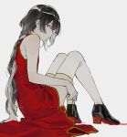  1boy bishounen black_footwear black_hair braid chinese_clothes closed_mouth crossdressing dm_owr dress expressionless from_side full_body hand_on_floor hand_on_own_leg highres knees_up long_hair looking_at_viewer male_focus multicolored_hair on_floor original red_dress red_eyes simple_background single_bare_shoulder single_braid single_sidelock sitting solo thighhighs two-tone_hair white_thighhighs 