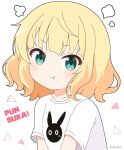  1girl :t anko_(gochiusa) blonde_hair character_print closed_mouth collarbone commentary gochuumon_wa_usagi_desu_ka? green_eyes highres kirima_syaro looking_at_viewer mitya romaji_text shirt short_sleeves simple_background solo translation_request twitter_username upper_body v-shaped_eyebrows white_background white_shirt 