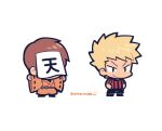  2boys black_shorts blonde_hair brown_hair chibi chibi_only closed_mouth full_body hands_on_own_hips japanese_clothes kimono koneshima kotorai male_focus marumaru_no_shuyaku_wa_wareware_da! multiple_boys no_nose orange_kimono paper_on_head red_shirt roboro shirt short_hair shorts signature smile spiked_hair striped_clothes striped_shirt white_background wide_sleeves 