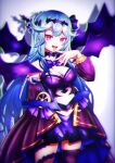  1girl blue_hair breasts chaos_aurora_(grimms_notes) cleavage grimms_notes hair_ribbon hairband hand_up highres light_blue_hair long_hair medium_breasts messy_hair midriff navel open_mouth purple_ribbon purple_socks red_eyes ribbon simple_background single_sock skirt smile socks solo standing teeth thorns tukkii_706041 upper_teeth_only wheel 