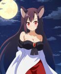  1girl animal_ears bare_shoulders breasts brooch brown_hair cato_(monocatienus) cleavage cloud dress fang full_moon highres imaizumi_kagerou jewelry long_hair looking_at_viewer moon night night_sky red_eyes sky smile solo touhou very_long_hair wolf_ears 