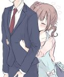  1boy 1girl aqua_apron baran._(ba_ra_ran) blush brown_hair closed_eyes clothes_grab collarbone formal heart height_difference hetero highres hug hug_from_behind idolmaster idolmaster_cinderella_girls igarashi_kyoko jacket_grab necktie producer_(idolmaster) red_necktie smelling smelling_clothes sweatdrop 