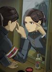  0shlkatsu 1girl ace_attorney applying_makeup black_suit brown_eyes brown_hair buttons closed_mouth commentary_request eyeshadow highres indoors looking_at_mirror makeup mirror red_eyeshadow reflection short_hair suit susato_mikotoba the_great_ace_attorney 
