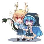  2girls absurdres antlers aqua_apron black_footwear blonde_hair blue_bow blue_hair blue_shirt blue_skirt bow bright_pupils chibi chinese_commentary commentary_request dragon_tail dress film_grain frilled_headwear haniyasushin_keiki head_scarf highres horns juliet_sleeves kicchou_yachie long_hair long_sleeves mary_janes mask_(boring_mask) medium_skirt multiple_girls open_mouth pleated_skirt pointing puffy_sleeves purple_eyes shirt shoes short_hair skirt sleeves_past_elbows smile socks swept_bangs tail touhou white_pupils white_socks wide_sleeves yellow_dress 