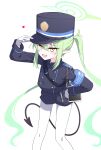  1girl absurdres black_hat black_jacket black_shorts black_tail blue_archive blush demon_tail fang feet_out_of_frame gloves green_hair hair_between_eyes hat heart highlander_twintails_conductor_(blue_archive) highres jacket kiroshi korean_commentary long_hair long_sleeves looking_at_viewer open_mouth pantyhose peaked_cap shorts simple_background skin_fang smile solo tail twintails white_background white_gloves white_pantyhose yellow_eyes 