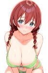  1girl bare_shoulders blue_eyes blush bra braid closed_mouth collarbone commentary_request emma_verde green_bra green_panties hair_between_eyes highres looking_at_viewer love_live! love_live!_nijigasaki_high_school_idol_club low_twin_braids medium_hair navel panties red_hair sankuro_(agoitei) simple_background solo stomach sweat twin_braids underwear white_background 