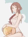  1girl ball bare_arms bare_legs beachball blush bracelet breasts brown_hair closed_mouth flat_color frills highres jewelry long_hair looking_at_viewer maco22 one-piece_swimsuit original seiza simple_background sitting sketch small_breasts smile solo swimsuit wet white_background white_one-piece_swimsuit yellow_eyes 