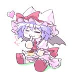  1girl :3 =_= animal_ear_headwear aokukou ascot bow chibi closed_eyes commentary food hat hat_bow heart lowres mob_cap pink_hat pink_shirt pink_skirt pudding red_ascot red_bow red_footwear remilia_scarlet shirt simple_background sitting skirt socks solo touhou translated white_background white_socks 
