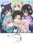  1boy 5girls animal_ear_fluff armband ayane_(blue_archive) black_hair black_necktie blue_archive blue_armband blue_eyes blue_halo blue_necktie blue_ribbon blue_scarf brown_eyes brown_hair closed_eyes collared_shirt commentary_request doodle_sensei_(blue_archive) glasses green_eyes green_halo grey_hair hair_between_eyes hair_ribbon halo highres hoshino_(blue_archive) light_brown_hair long_hair long_sleeves multiple_girls necktie nonomi_(blue_archive) one_eye_closed open_mouth pink_hair pink_halo red-framed_eyewear red_eyes red_halo ribbon scarf school_uniform sensei_(blue_archive) sensei_(blue_archive_the_animation) serika_(blue_archive) shiroko_(blue_archive) shirt smile tenten_(chan4545) upper_body white_shirt yellow_eyes 