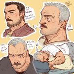 1boy aaron_gruber_(o_natsuo88) age_progression arm_hair bara beard_stubble black_hair character_name cropped_torso english_text facial_hair grey_hair highres hugging_object lying male_focus mature_male multiple_views mustache o_natsuo88 old old_man on_side original pillow pillow_hug receding_hairline scar scar_on_cheek scar_on_face shirt short_hair simple_background sleeping speech_bubble stubble thick_eyebrows thick_mustache wrinkled_skin yellow_background 