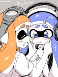  2girls blue_eyes blue_hair blush closed_eyes comforting crying crying_with_eyes_open eromame goggles hands_on_own_face hat headphones inkling inkling_girl inkling_player_character multiple_girls orange_hair pointy_ears shirt smile splatoon_(series) tears tentacle_hair yuri 