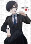  1boy bishounen black_jacket blazer blue_eyes blue_hair blue_necktie buttons ciel_phantomhive collared_shirt crossed_legs dark_blue_hair eyepatch food fork fruit hair_between_eyes heart highres holding holding_fork jacket kuroshitsuji looking_at_viewer male_focus necktie open_clothes open_jacket shirt short_hair smile solo strawberry text_background translation_request upper_body utensil_in_mouth white_background white_shirt yu_ki_koo 