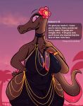  anthro azulejo breasts detailed_background dialogue female generation_7_pokemon hi_res hollow_hip_dress looking_at_viewer nintendo pokemon pokemon_(species) salazzle smile smiling_at_viewer solo talking_to_viewer thick_thighs 
