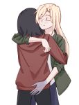  2girls arm_around_neck black_hair black_panties blonde_hair closed_eyes closed_mouth commentary egakuning english_commentary green_jacket hand_on_another&#039;s_ass highres hug jacket kamikoshi_sorawo long_hair long_sleeves multiple_girls nishina_toriko panties photo-referenced red_jacket short_hair simple_background smile transparent_hand underwear urasekai_picnic white_background yuri 