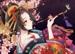  1girl animal bangs_pinned_back black_hair bow bug butterfly collarbone commentary_request flower forehead green_eyes hair_ornament hand_up highres holding holding_smoking_pipe japanese_clothes kimono kiseru nekozuki_yuki original parted_lips petals pink_flower red_bow red_kimono signature smoking_pipe solo watermark white_kimono 