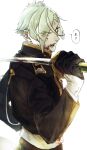  1boy absurdres black_gloves black_jacket blood blood_on_face collared_jacket collared_shirt cropped_jacket eyes_visible_through_hair fangs from_behind frown gloves green_hair hair_over_one_eye half_gloves highres hizamaru_(touken_ranbu) holding holding_sword holding_weapon jacket katana looking_at_viewer looking_back male_focus over_shoulder parted_lips seestern2669 shirt short_hair simple_background solo sword teeth touken_ranbu upper_body v-shaped_eyebrows weapon weapon_over_shoulder white_shirt yellow_eyes 