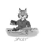 1:1 2023 anthro collared_shirt countershade_face countershading elbow_on_table food humanoid inktober inktober_2023 male monochrome ricky_arts solo spices tufted_ears