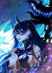  1girl aleriia_v artist_name black_hair breasts hair_between_eyes highres horns large_breasts lips long_hair looking_at_viewer original red_eyes revealing_clothes solo upper_body web_address 