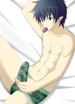  abs ao_no_exorcist bulge condom erection looking_at_viewer lying male_focus muscle penis pointy_ears solo 