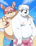 anthro beach bear belly bulge clothing cocobucker duo echo_(calahootheyeen) flamingo_pattern fur gesture hair hand_gesture hand_on_shoulder hi_res joshie_(calahootheyeen) lagomorph leporid male male/male mammal moobs navel nipples overweight overweight_anthro overweight_male pattern_clothing pawpads pink_hair pink_pawpads polar_bear rabbit sand sea summer ursine v_sign water white_body white_fur white_hair