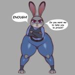 2024 absurd_res anthro bent_over big_butt bottomwear butt clothed clothing crossed_arms curvy_figure dialogue disney english_text female grey_background grey_body hi_res huge_butt judy_hopps knee_pads lagomorph leporid looking_at_viewer mammal mr_dark_and pants purple_eyes rabbit simple_background solo speech_bubble standing tail text thick_thighs tight_bottomwear tight_clothing tight_pants topwear uniform vest wide_hips zootopia