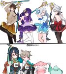  1boy 5girls animal_ears arlecchino_(genshin_impact) bird birthmark black_eyes black_hair black_hands blue_bow bow bowtie breasts cat_ears cat_girl cat_tail closed_mouth fox genshin_impact glasses gloves grey_hair highres instagram_logo instagram_username kamiiart large_breasts long_hair lyney_(genshin_impact) magical_girl multicolored_hair multiple_girls non-web_source pantyhose purple_bow purple_eyes purple_hair raiden_shogun score shenhe_(genshin_impact) symbol-shaped_pupils tail thighhighs twitter_logo twitter_username very_long_hair white_hair x-shaped_pupils xianyun_(genshin_impact) xiao_(bird)_(genshin_impact) xiao_(genshin_impact) yae_miko yae_miko_(fox) yellow_bow yellow_eyes zhongli_(genshin_impact) 