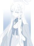  1girl blue_archive blue_theme closed_mouth hair_ornament halo haori hariyaa highres japanese_clothes long_hair looking_at_viewer monochrome nagusa_(blue_archive) parted_bangs pleated_skirt sidelocks skirt snowflake_hair_ornament solo 