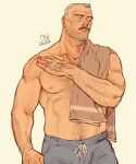  1boy aaron_gruber_(o_natsuo88) arm_hair bara beard_stubble chest_hair cowboy_shot facial_hair grey_hair hairy highres looking_to_the_side male_focus mature_male mustache navel_hair nipples o_natsuo88 old old_man original pout receding_hairline scar scar_on_cheek scar_on_face shirt short_hair simple_background solo stubble thick_eyebrows thick_mustache topless_male towel_on_one_shoulder wrinkled_skin yellow_background 