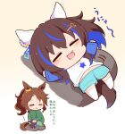  2girls :d animal_ears blanket blue_hair blue_shorts blush_stickers brown_background brown_hair chibi closed_eyes collared_shirt daitaku_helios_(umamusume) fang gomashio_(goma_feet) gradient_background green_shirt grey_pants hair_between_eyes hair_ornament hairclip horse_ears horse_girl horse_tail kneehighs long_hair lying mejiro_palmer_(umamusume) midriff_peek mini_person minigirl motion_lines multicolored_hair multiple_girls navel on_back on_lap pants parted_bangs ponytail print_shirt raglan_sleeves seiza shirt shorts side_ponytail sitting smile socks star_(symbol) star_hair_ornament star_print streaked_hair tail translation_request umamusume white_background white_hair white_shirt white_socks 