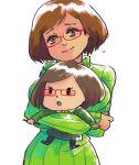  2girls black_skirt blush bob_cut breasts brown_eyes brown_hair cardigan chibi crossed_arms glasses green_cardigan green_sweater heart highres holding holding_chibi holding_pencil iguanart multiple_girls nikki_(swapnote) nintendo open_mouth pencil red-framed_eyewear short_hair skirt smile solid_oval_eyes swapnote sweater 