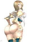  absurdres ashelia_b'nargin_dalmasca ass bare_shoulders blonde_hair breasts covered_nipples final_fantasy final_fantasy_xii g-string highres large_breasts looking_back panties pout short_hair simple_background solo thighs thong underwear white_background zetarok 