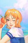  1girl artist_name closed_mouth cloud cloudy_sky commentary english_commentary food fruit highres holding holding_food holding_fruit mandarin_orange nami_(one_piece) one_eye_closed one_piece orange_eyes orange_hair outdoors phoneafrog shirt short_hair short_sleeves sky smile solo 