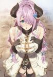  1girl asymmetrical_gloves asymmetrical_legwear bare_shoulders black_gloves black_shirt blue_eyes blush braid breasts cleavage coat draph elbow_gloves gloves granblue_fantasy hair_ornament hair_over_one_eye highres horns large_breasts long_hair narmaya_(granblue_fantasy) nasubin_(nasubisamurai15) open_mouth pink_hair pointy_ears shirt solo thigh_strap thighhighs very_long_hair white_coat 