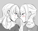  2girls blush byleth_(female)_(fire_emblem) byleth_(fire_emblem) closed_mouth commentary_request edelgard_von_hresvelg eye_contact fire_emblem fire_emblem:_three_houses forehead-to-forehead greyscale heads_together long_hair looking_at_another monochrome multiple_girls profile purple_eyes riromomo smile spot_color sweatdrop yuri 