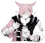  1boy :3 animal_ears black_scarf bracer cat_ears commentary cropped_torso dated facial_mark final_fantasy final_fantasy_xiv food g&#039;raha_tia hair_ornament hatching_(texture) holding holding_jar holding_spoon itowff14 jacket jar limited_palette looking_at_food looking_down male_focus miqo&#039;te pink_hair pink_jacket pudding scarf shirt short_hair signature simple_background smile solo sparkle spoon swept_bangs upper_body white_background white_shirt x_hair_ornament 