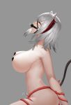  1girl absurdres ahegao antenna_hair arknights arms_behind_back ball_gag bouncing_breasts bound bound_arms breasts collarbone covered_nipples demon_girl demon_horns demon_tail from_side gag gagged grey_background grey_hair highres horns medium_hair nude pasties pussy_juice red_eyes simple_background sitting solo tail tentacle_sex tentacles w_(arknights) youye_(rusk8588) 